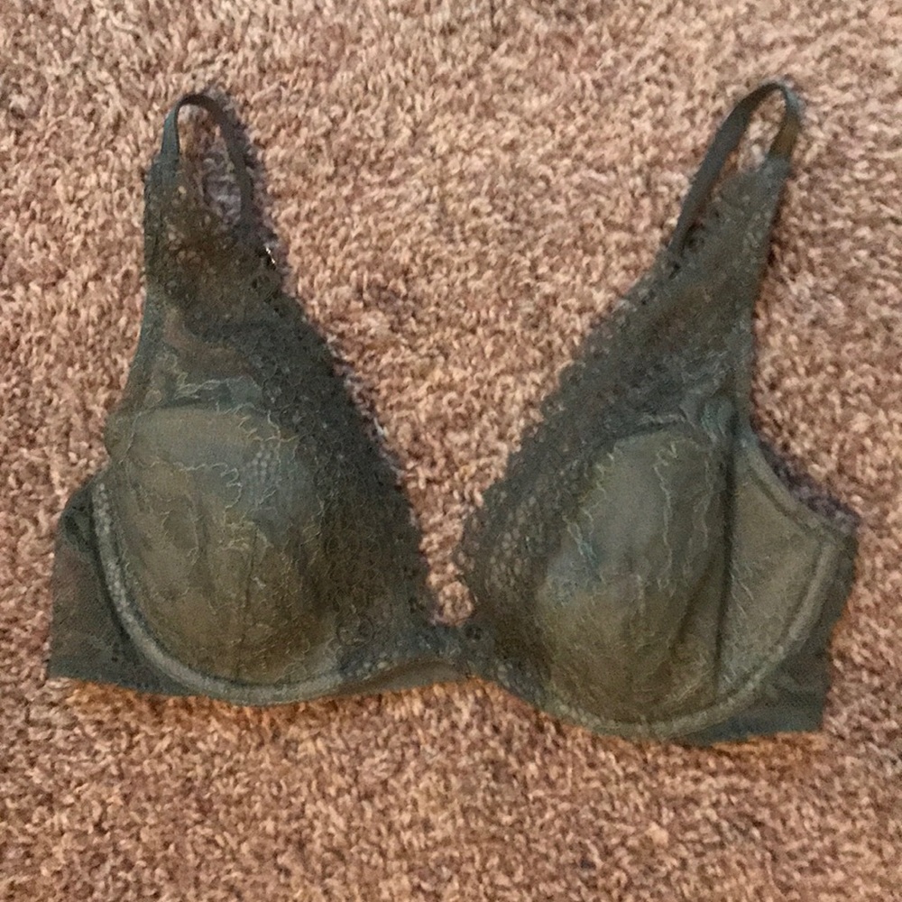 Slightly lined, green, lace bra.
